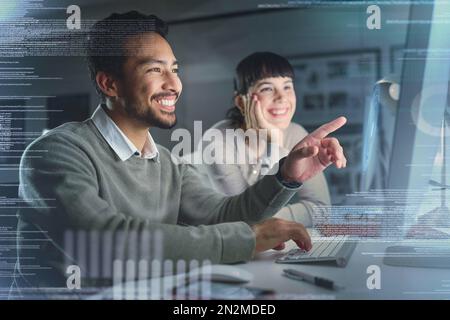 Business people smile, code with partnership and information technology with computer for coding overlay. Collaboration with software development Stock Photo