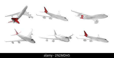 Set of toy airplanes isolated on white. Banner design Stock Photo