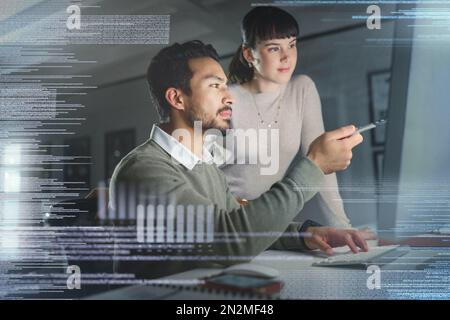 Business people, coding with partnership and information technology with computer screen, collaboration and code overlay. Software development, team Stock Photo