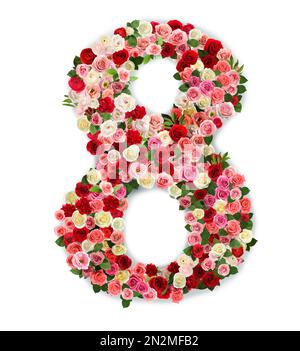 International women's day. Number 8 made of beautiful flowers on white background, top view Stock Photo