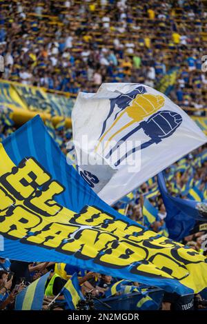 Argentina, Buenos Aires, 05 February 2023: fans of Boca Juniors with flags during the Torneo Binance 2023 of Argentine Liga Profesional match between Stock Photo