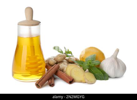 Composition with different natural antibiotics on white background Stock Photo
