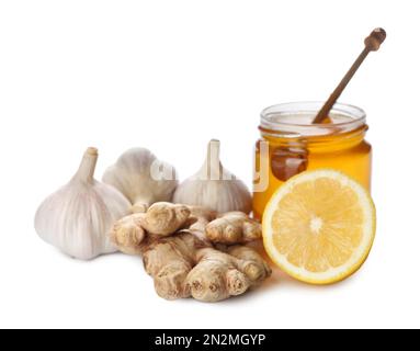Composition with different natural antibiotics on white background Stock Photo