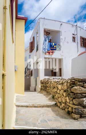 Mesochori, Karpathos Island, Greece - August 2022 : Narrow alleys between houses in Mesochori village in the middle of the west coast of the Greek isl Stock Photo