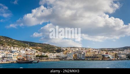 Karpathos, Greece - August 2022 : Panoramic view of the Port in Pigadia in summer afternoon Stock Photo
