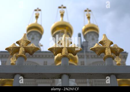 Russian orthodox church, pickets semi-aligned with the domes. Geneva, Switzerland Stock Photo