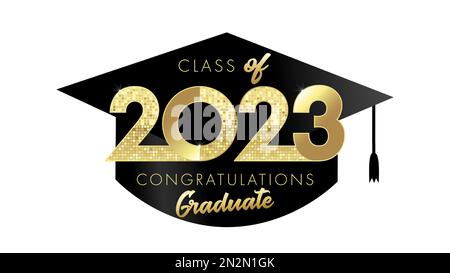 2023 class of Congratulation Graduate on black square academic cap. Stylish vector gold 20 and 23 digits and calligraphy for Graduation banner Stock Vector