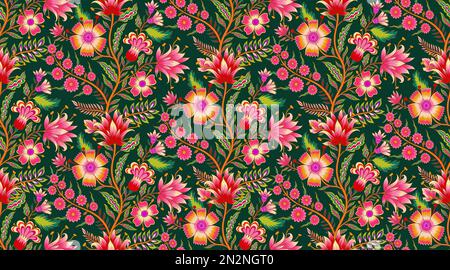 Beautiful floral romantic seamless pattern in Jacobean style.The ornament is also inspired by Mughal art.The design depicts a bunch of fantasy flowers Stock Vector