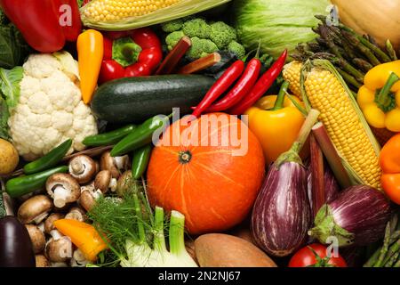 Different fresh vegetables as background, closeup view Stock Photo