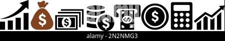 Set of Finance icons. Business Icons, money signs. Money silhouette collection. Coins silhouette icon. Growth chart. Moneybag or stash. Calculator sig Stock Vector