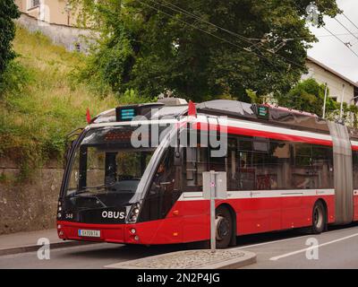 Salzburg, Austria - August 6, 2022 : public transport in the city. Solaris Cegelec Trollino Trolleybus on the Salzburg city street. Obus SLB Stock Photo