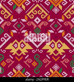 Filipino unique folk art - Yakan cloth inspired vector seamless pattern, retro textile or fabric print design from Philippines on red background Stock Vector