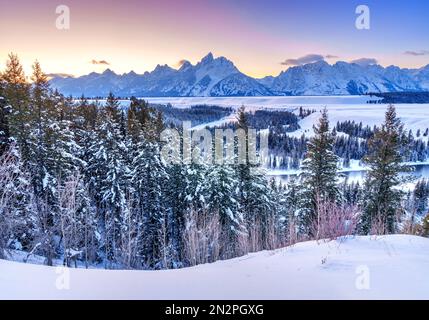 Snake River Overlook with the setting Sun in Winter, Winter Wonderland Grand Teton National Park,Wyoming,USA Stock Photo