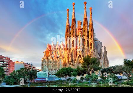 BARCELONA, SPAIN - FEB 10: View of the Sagrada Familia, a large Roman Catholic church in Barcelona, Spain, designed by Catalan architect Antoni Gaudi, Stock Photo