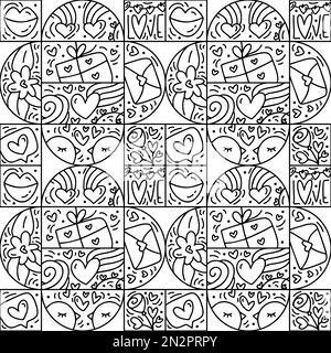Valentines logo vector seamless pattern line love, bird, lips, heart and gift box. Hand drawn monoline constructor for romantic greeting card Stock Vector