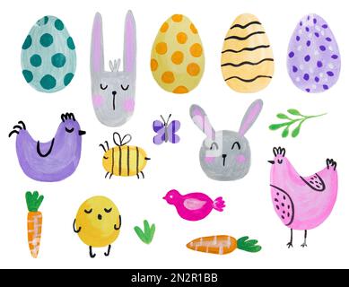 Set of hand drawing Easter eggs with animals. Watercolour spring art. Design elements. Easter bunny, chickens, eggs, carrot, bee and leaves.Watercolor Stock Photo