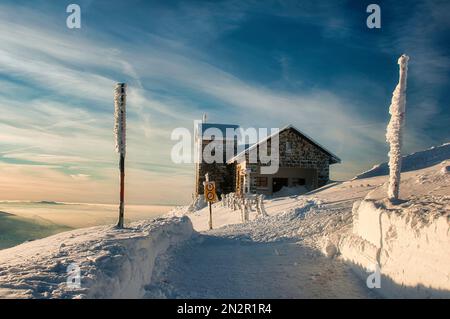 Small chapel on Mt Rigi in winter, Switzerland Stock Photo