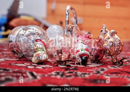 Charming real vintage christmas toys on old carpet for good mood Stock Photo