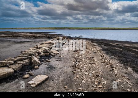 The remains of an old Cornish Hedge wall and an old farm track exposed by falling water levels caused by severe drought conditions at Colliford Lake R Stock Photo