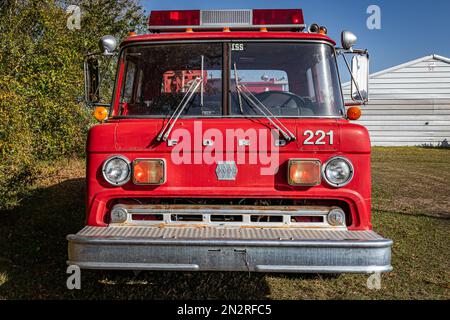 Fort Meade, FL - February 22, 2022: High perspective front view of a 1981 Ford F900 Fire Truck at a local car show. Stock Photo