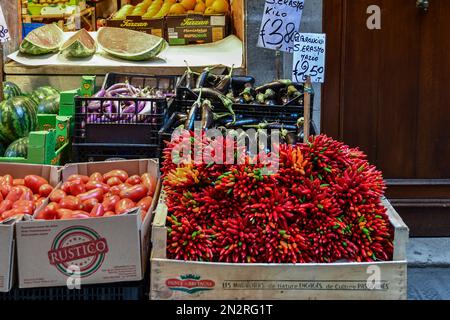 Fruit and vegetables grown on the island of Sant'Erasmo and exposed in a grocery store in the sestiere of Cannaregio, Venice, Veneto, Italy Stock Photo