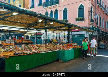 Fruit and vegetables stalls at the Rialto Market in Campo della Pescaria, sestiere of San Polo, in summer, Venice, Veneto, Italy Stock Photo