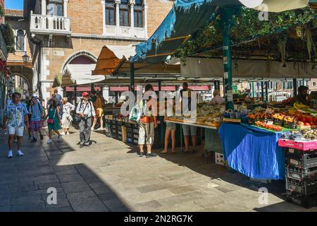 Fruit and vegetables stalls at the Rialto Market in Campo della Pescaria, sestiere of San Polo, in summer, Venice, Veneto, Italy Stock Photo