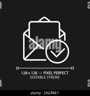 Letter with check mark pixel perfect white linear icon for dark theme Stock Vector