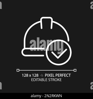 Hard hat with check mark pixel perfect white linear icon for dark theme Stock Vector