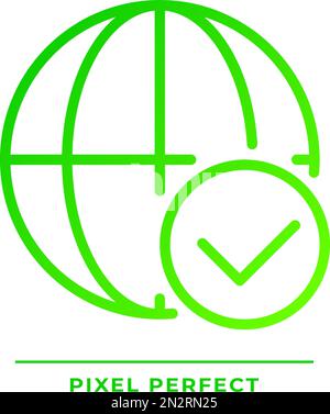 Globe with check mark pixel perfect gradient linear vector icon Stock Vector