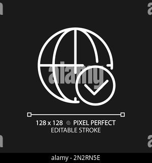 Globe with check mark pixel perfect white linear icon for dark theme Stock Vector