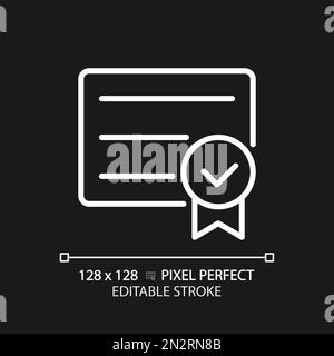 Diploma with check mark pixel perfect white linear icon for dark theme Stock Vector