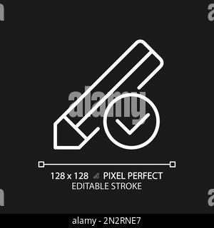 Pencil with check mark pixel perfect white linear icon for dark theme Stock Vector