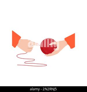 Female hands wounding a red thread on a ball. Yarn hank, knitting concept. Hand drawn vector icon, isolated on the white background. Stock Vector