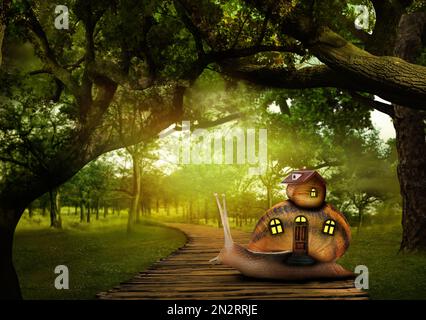 Fantasy world. Magic snail with its shell house moving in beautiful forest Stock Photo