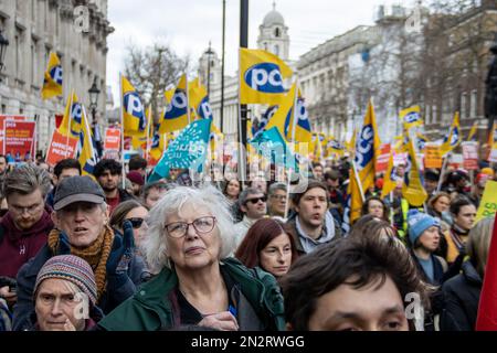 London, UK - 1 Feb, 2023. Protesters in Whitehall after marching from BBC in Protect The Right To Strike and Pay Up march. Thousands of teachers, work Stock Photo