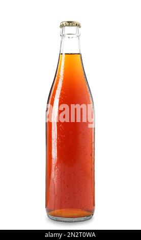 Glass bottle of delicious kvass isolated on white. Refreshing drink Stock Photo