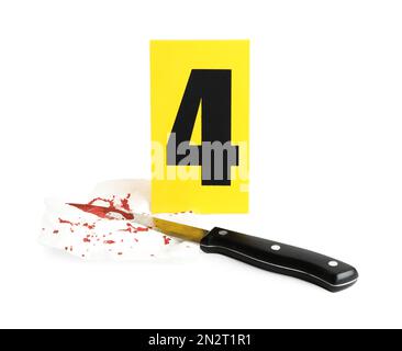 Bloody napkin and crime scene marker with number Stock Photo - Alamy