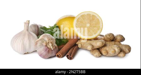 Composition with different natural antibiotics on white background Stock Photo