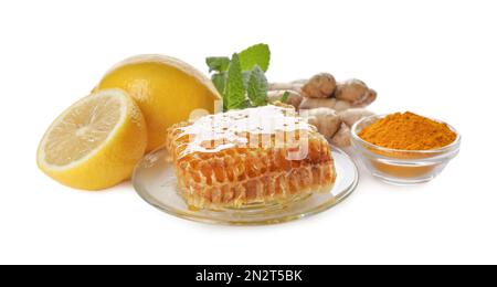 Composition with different natural antibiotics on white background Stock Photo