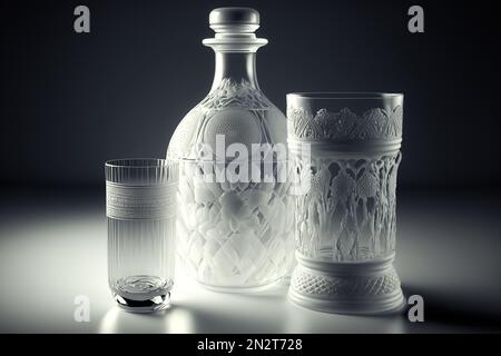 Glass carafe and two glasses with carved patterns Stock Photo