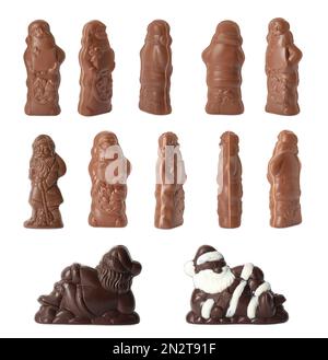 Set of chocolate Santa Claus figures on white background, views from different sides Stock Photo