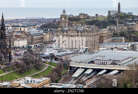 View of Balmoral Hotel clock tower, Calton Hill and Waverley railway station from above, Edinburgh, Scotland, UK Stock Photo