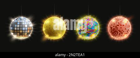 Disco mirror ball. Retro party club decoration silver, golden, rainbow and bronze shining balls isolated vector illustration set Stock Vector