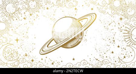 Astrological banner with the planet saturn on a white background with stars, mystical boho background for the zodiac, line drawing, vector illustratio Stock Vector