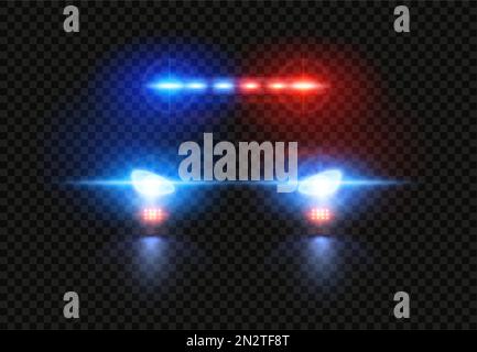 Vecteur Stock Police car light siren in night front view. Patrol cop  emergency police car silhouette with flasher