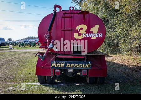 Fort Meade, FL - February 22, 2022: High perspective rear view of a 1982 International S1954 Fire Truck at a local car show. Stock Photo