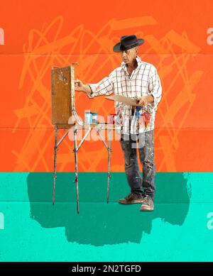 Contemporary art collage. Creative design. Senior man, talented painter making piece of art. Dirty clothes in paints. Talent Stock Photo