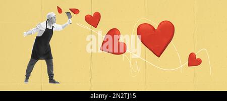 Contemporary art collage. Creative design. Man in image of butcher in apron posing with knife over beige background with hearts Stock Photo