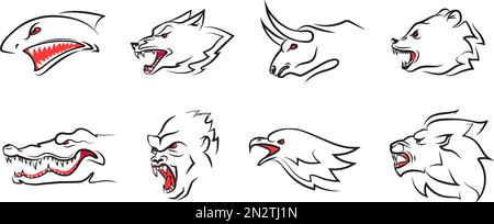 Animal teeth sport car decal. Aggressive shark jaws, lion sticker and wolf mouth. Extreme alligator, angry bear, eagle, bull and gorilla vector set Stock Vector